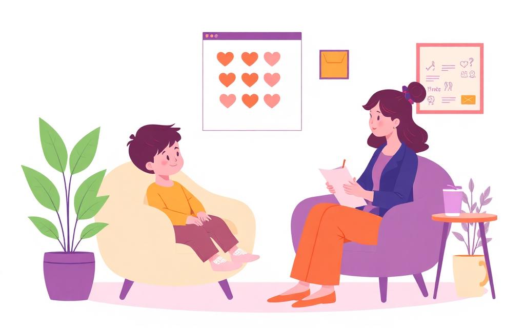A child sitting comfortably in a soft chair talking with a calm counsellor who listens and takes gentle notes.