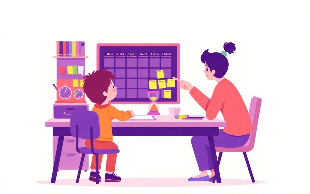 A child at a desk beside a colour-coded weekly schedule board, a sand timer and sticky notes, with an adult pointing at the next task.