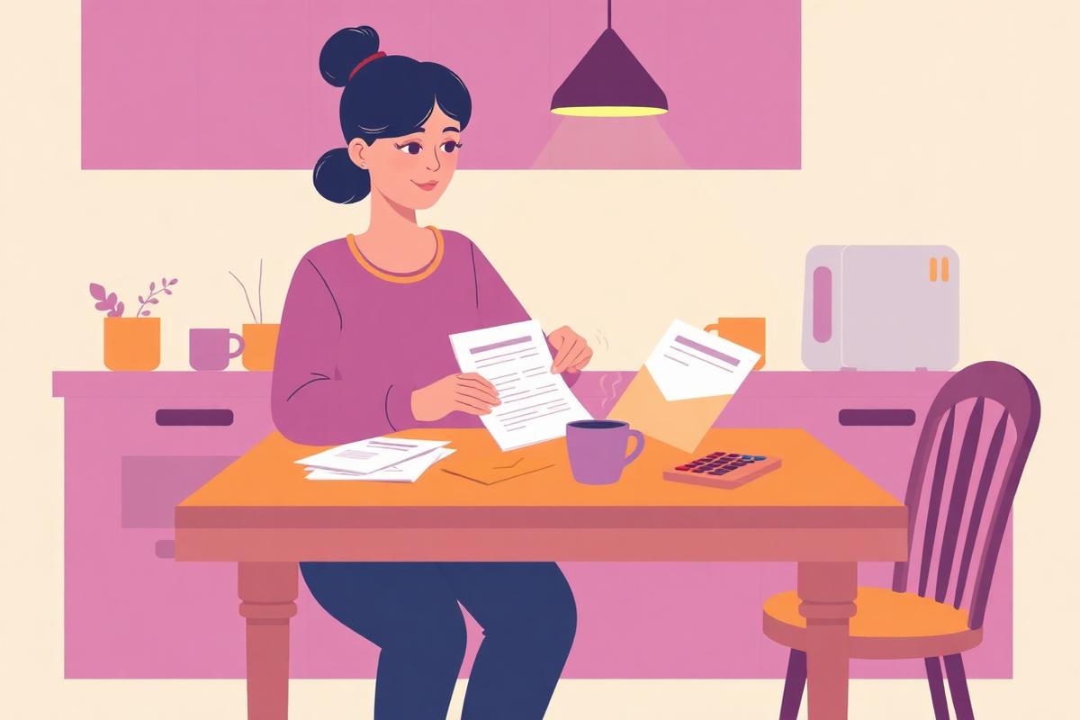Illustration of a parent sorting forms and envelopes at a kitchen table.