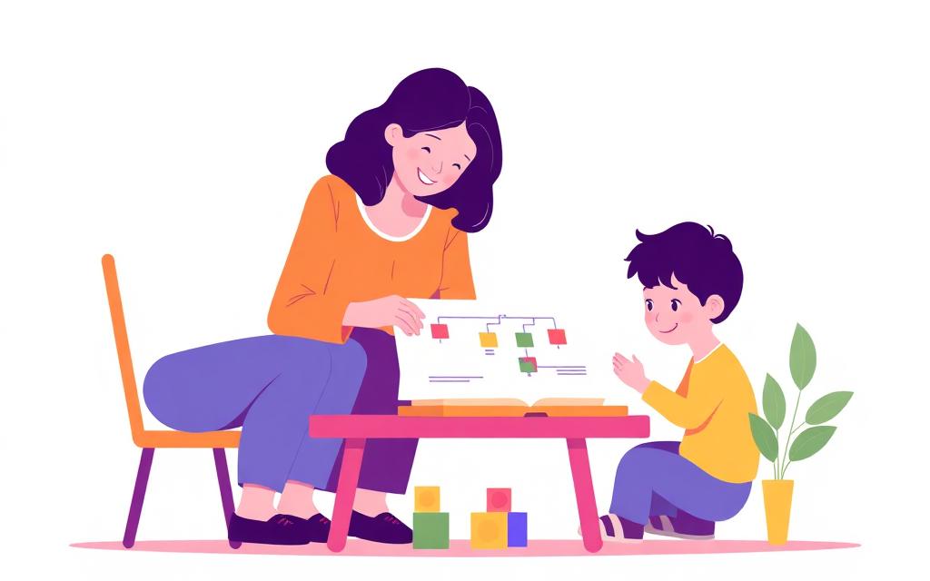 A caregiver and a counsellor at a table looking at a simple family-tree diagram on paper while a child plays with blocks nearby.