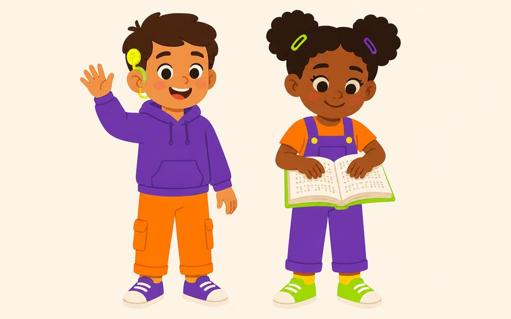 Two children side by side: one wearing a hearing aid and waving hello, the other reading an open braille book with their fingertips.
