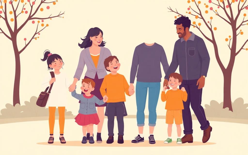 Two caregivers and four children of mixed abilities standing together in a park, holding hands and laughing.