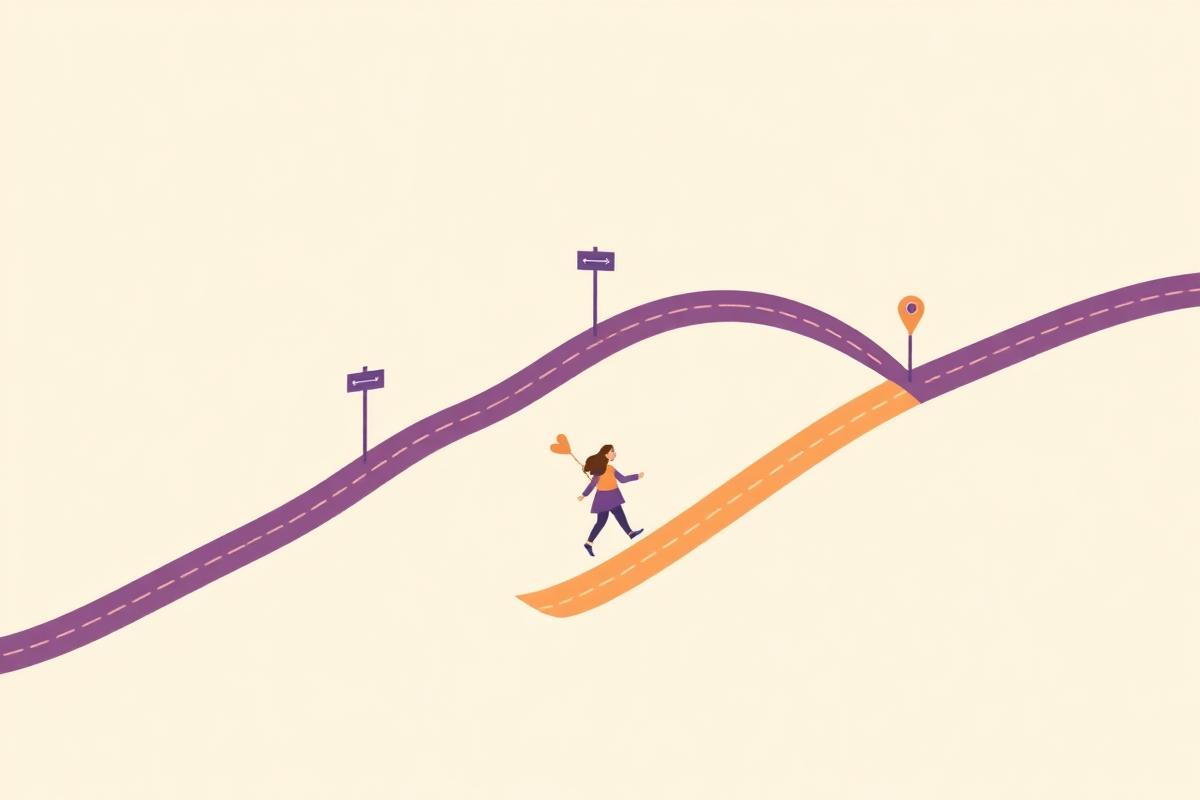 Illustration of a winding path with signposts, walked by a parent and child.