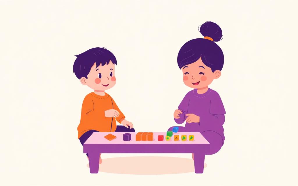 A child and a caregiver at a low table sorting coloured shapes and counting blocks together.