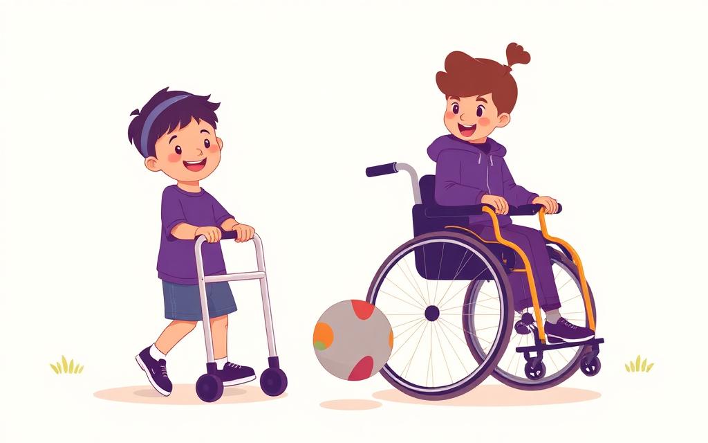 A smiling child using a walking frame and another child in a bright wheelchair playing ball together outdoors.