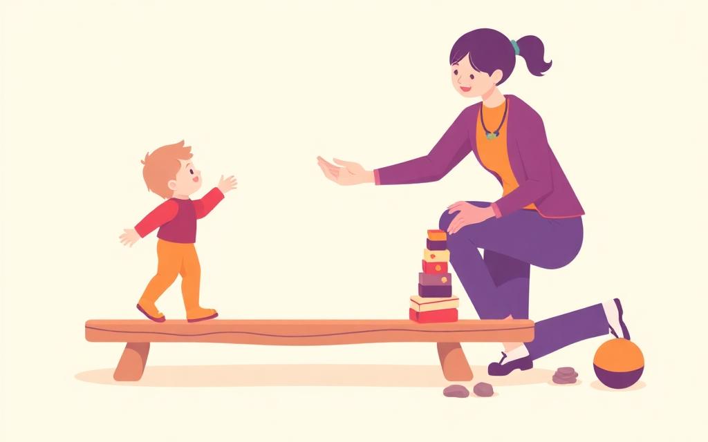 A child walking along a low wooden balance beam, reaching for the steadying hand of an adult, with stacked blocks and a ball nearby.