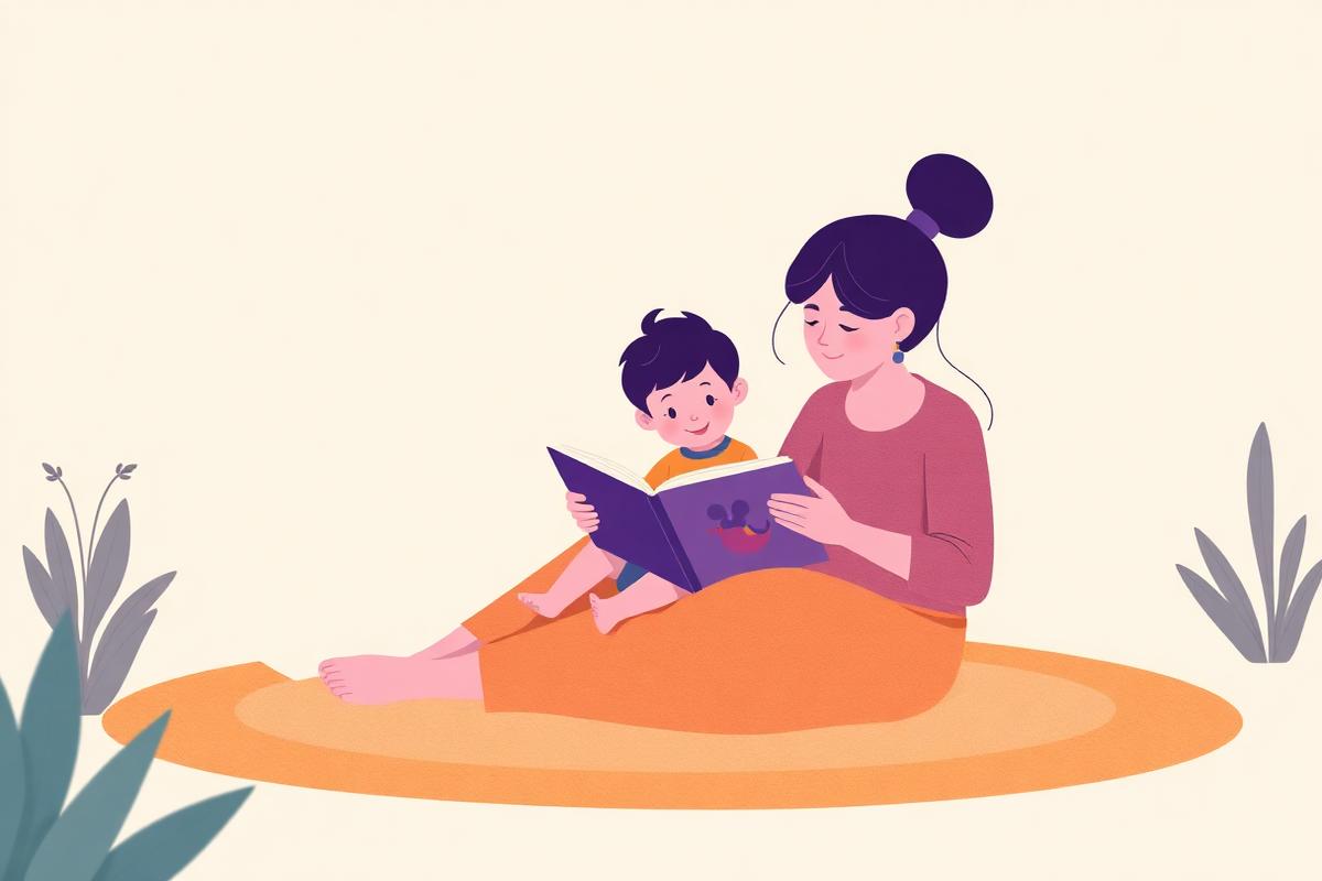 Illustration of a parent reading a picture book with a young child.