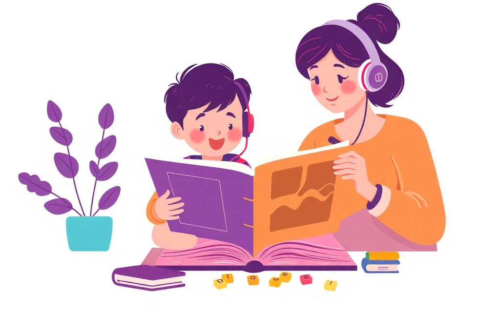 A child and a caregiver reading a large open book together, with letter tiles on the table and headphones for listening.