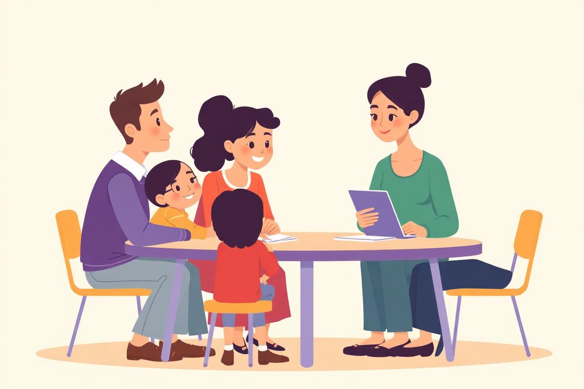 Illustration of a family meeting with a teacher around a table.
