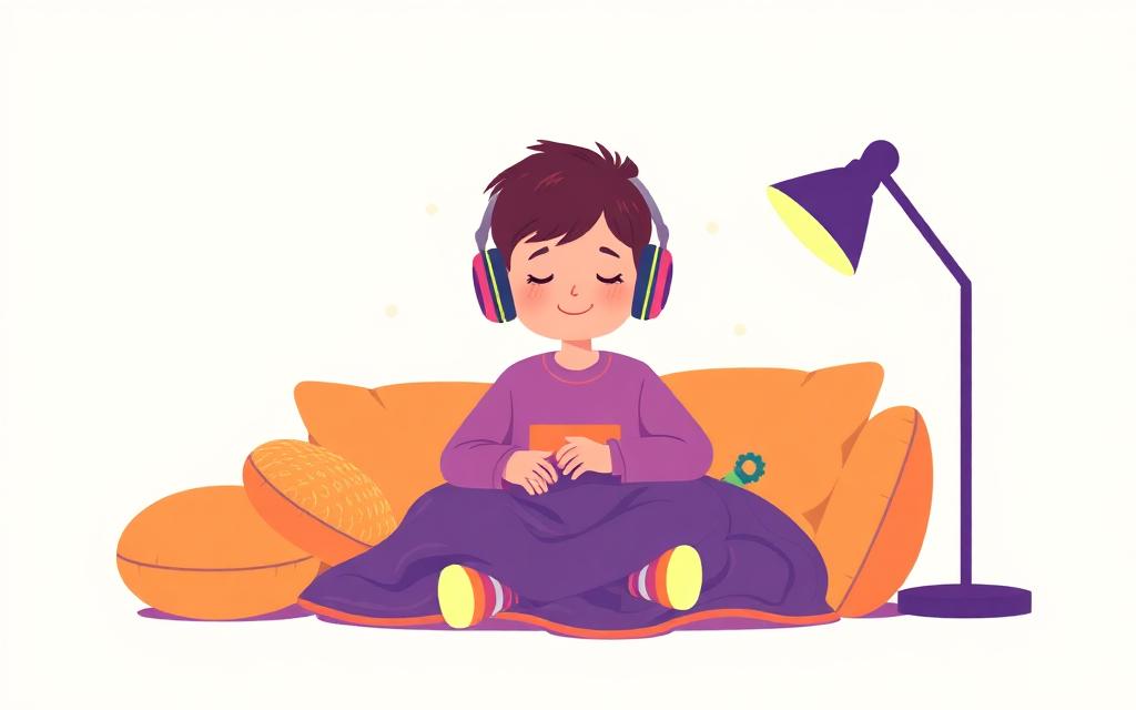 A relaxed child sitting in a cosy corner with noise-reducing headphones, a weighted blanket, soft cushions and a small fidget toy.