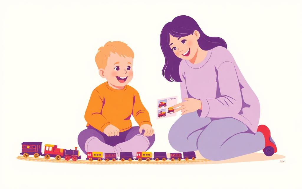 A young child happily lining up toy trains while a caregiver kneels beside them, sharing the activity and holding picture cards.