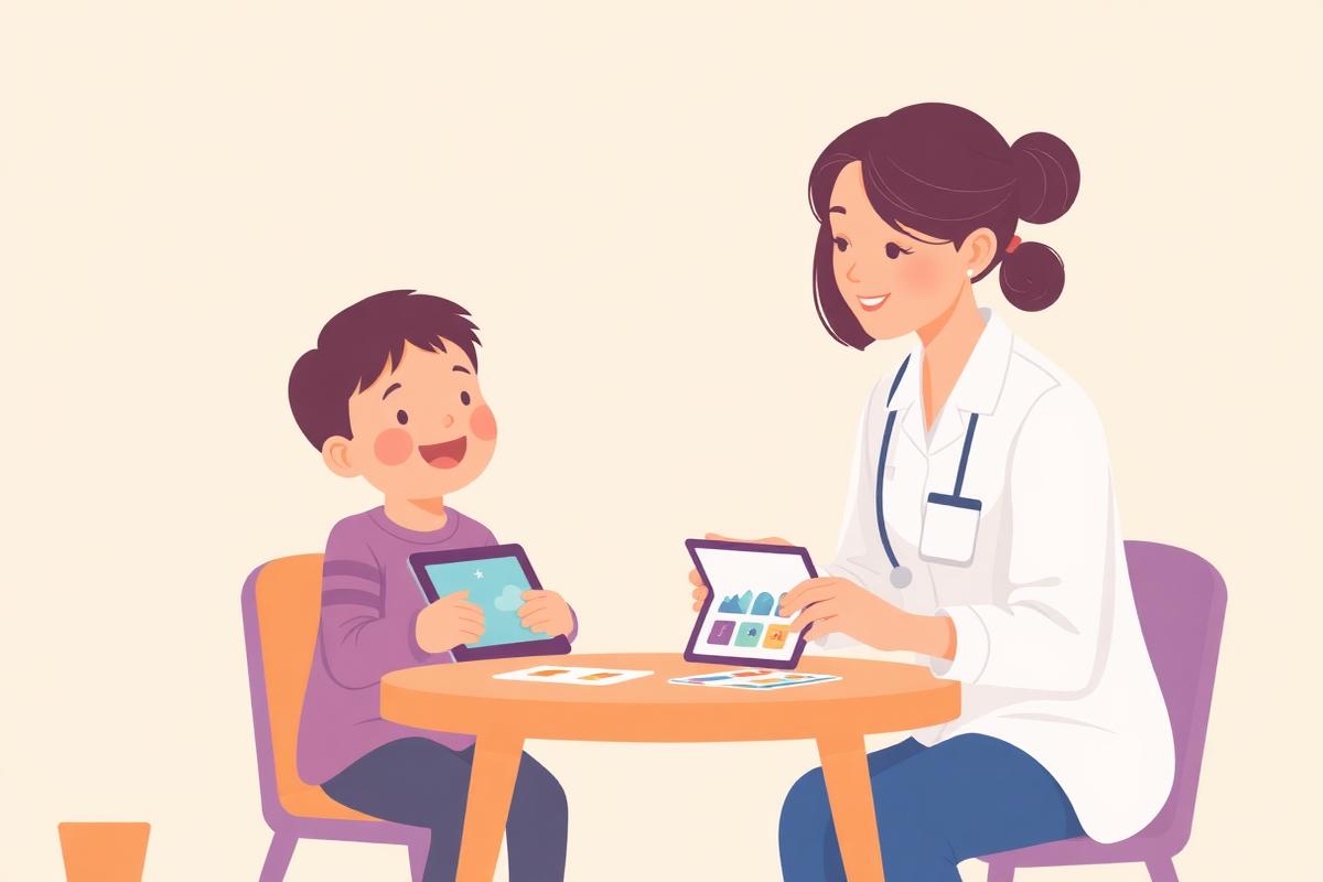 Illustration of a therapist and a child using picture cards and a communication tablet.